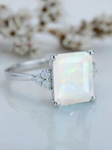 1pc Fashionable Square Cut Australian Opal Ring, Engagement Ring And Daily Wear Ring For Men And Women, Suitable As A Gift For Family/Friends/Couple - White - View 4