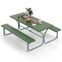6 FT Picnic Table Bench Set Outdoor Dining Table & 2 Benches With Metal Frame - màu xanh lá - Xem 11