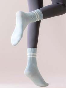 运动户外 1 双纯色条纹图案女式中筒运动瑜伽袜 - 淺藍色 - 查看 2