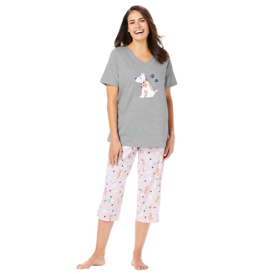 Dreams & Co. Plus Size 2-Piece Capri PJ Set - HEATHER GREY SPRING DOG - View 1