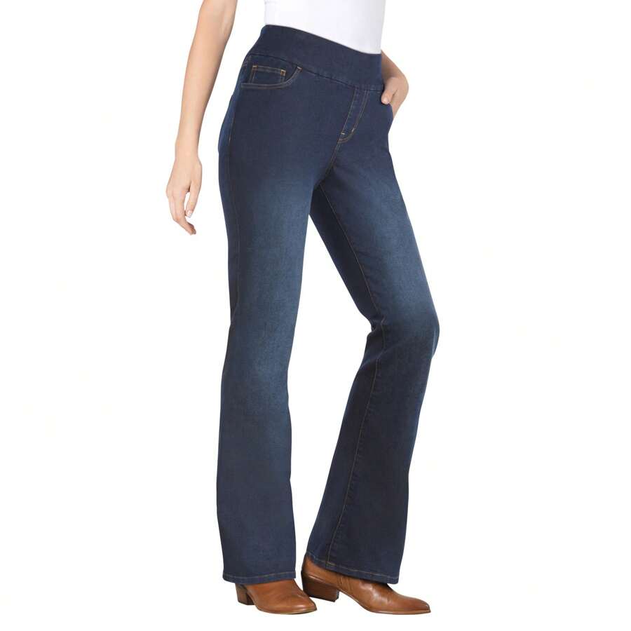 Woman Within Plus Size Petite Flex-Fit Pull-On Bootcut Gap-Free Stretch Denim Jeans - 靛藍磨砂 - 查看 1