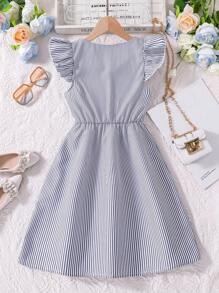 Left Mama Vestido de verano para niña preadolescente con mangas acampanadas, cuello en V y diseño de rayas frescas - Azul Marino - Ver 2