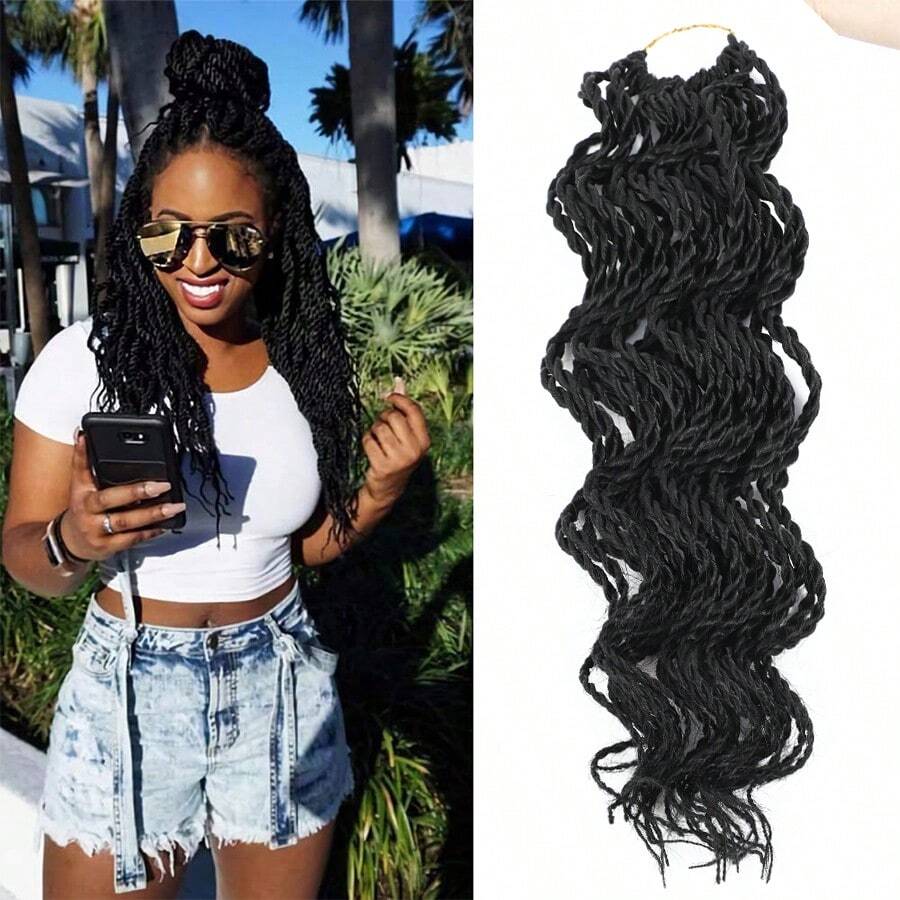 14/18 英寸 1 包波浪塞内加尔扭结钩针编织发 28 根 1B 辫子波浪末端合成接发卷曲钩针扭结编织发（14 英寸：60 克；18 英寸：85 克） - 黑色 - 查看 1