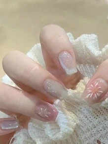 24入組短款法式貓眼煙火漸變假指甲，附指甲文件和果凍膠壓光指甲，美甲用品