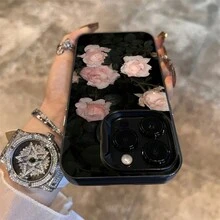 Floral Black With Pink Roses Silicone Phone Case Cover Compatible With IPhone 15/15Pro/15ProMax/14/13/12/11/XsMAX Series Mobile Phone - Black Background Pink Flowers - View 6