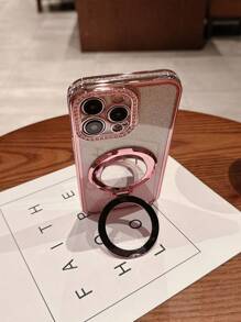 Luxury Rhinestone Electroplated Shiny Silver Phone Case With Stand, Compatible With IPhone 17 Pro Max/17 Pro/17 Air/17/16 Pro Max/16/16 Pro/16 Plus/16E/15/15 Pro Max/15 Pro/15 Plus/11/12/13/14 Pro Max/XS/XR/11 Pro/11 Pro Max/12 Pro/12 Pro Max/13 Pro/13 Pro Max/7 Plus/14 Pro/14 Pro Max/14 Plus/7 Plus/8 Plus/8/SE2, Minimalist Soft Shell - Rose Gold - View 8