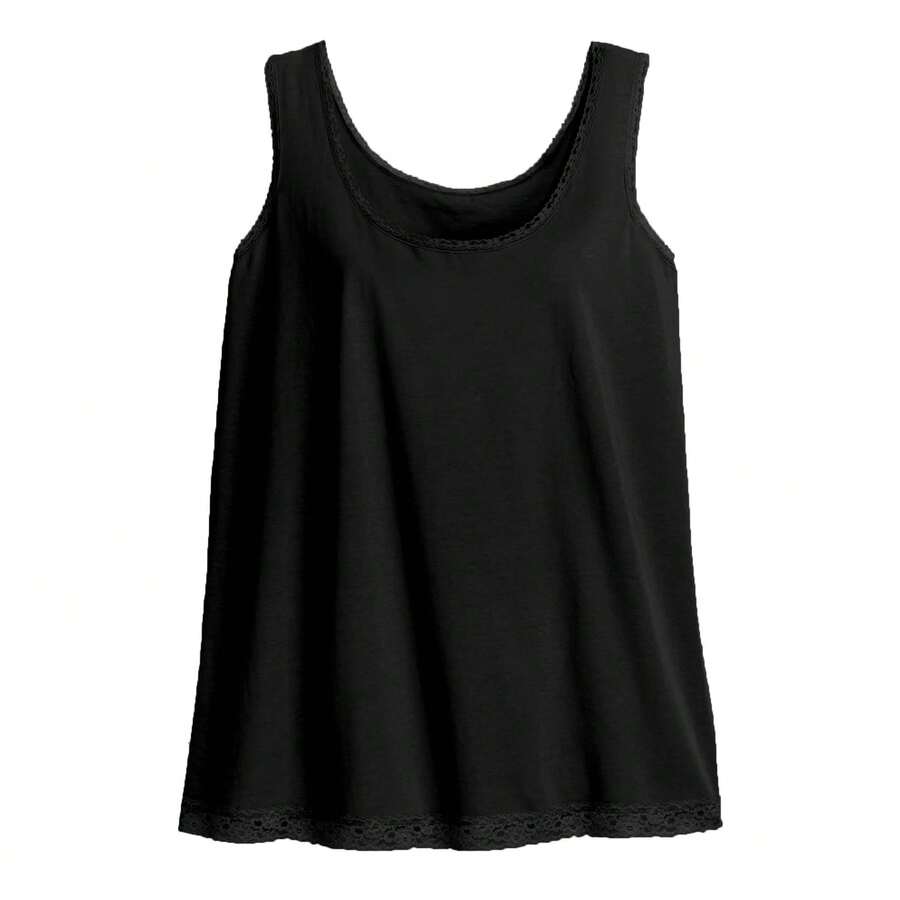 Ellos Plus Size Lace Trim Tank - màu đen - Xem 1