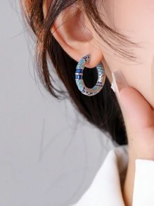 1對新式復古藍色耳環，女性環形耳環，具有歐美先進感和輕奢風格 - 藍色 - 查看 3