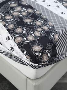 3pcs Creative Pattern Printed Bedding Set, Soft And Comfortable, Suitable For Bedroom And Guestroom (1 Fitted Sheet + 2 Pillowcases, Without Comforter) - Black and White - View 4