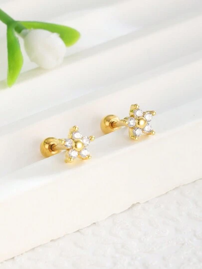 1 Pair Cute Sweet Five-Petal Flower Stud Earrings, Girls' Delicate Fashion Cubic Zirconia Decorated Earrings, Children's Birthday Gift, Daily Decoration