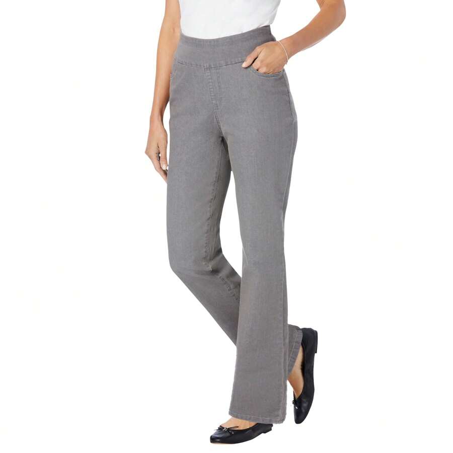 Woman Within Plus Size Petite Flex-Fit Pull-On Bootcut Gap-Free Stretch Denim Jeans - 灰色牛仔布 - 查看 1