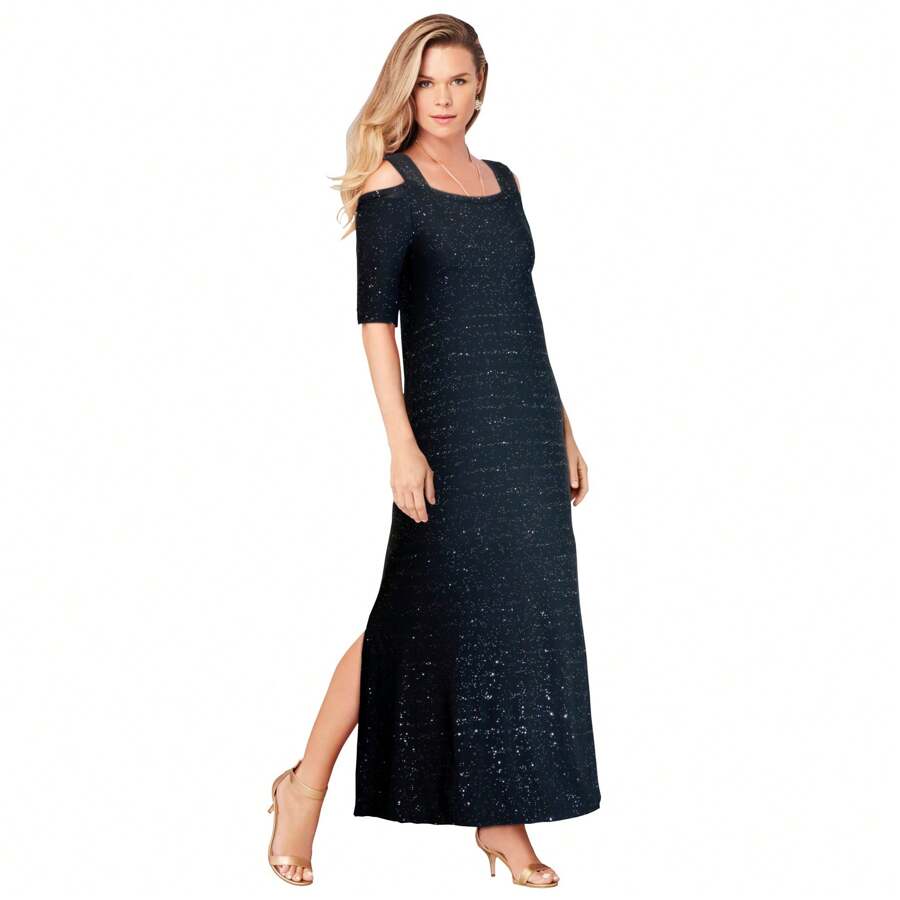 Roaman's Women's Plus Size Petite Plus Size Cold Shoulder Maxi Dress - 黑色閃光 - 查看 1