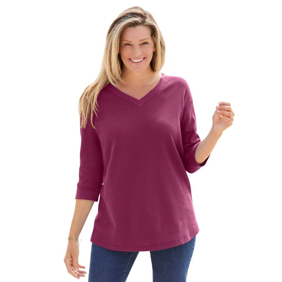 Woman Within Plus Size Three-Quarter Sleeve Thermal Sweatshirt - DEEP CLARET - View 1