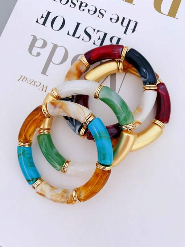 1 pulsera de cuentas de bambú acrílica Retro para mujer, pulsera de pareja con dije de bobina de resina multicolor