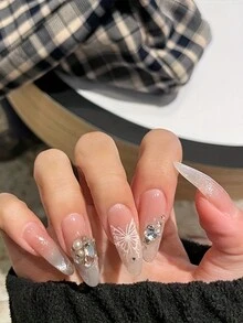10入組手工按壓式美甲假指甲，乳白漸層長款假指甲，優雅蝴蝶美甲貼，可拆卸重複使用美甲貼 - 淺粉色 - 查看 5