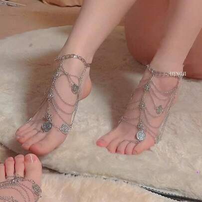 1件异域风情复古多层流苏脚链金属脚饰，优雅别致，适合派对、婚礼、送礼。情人节配饰