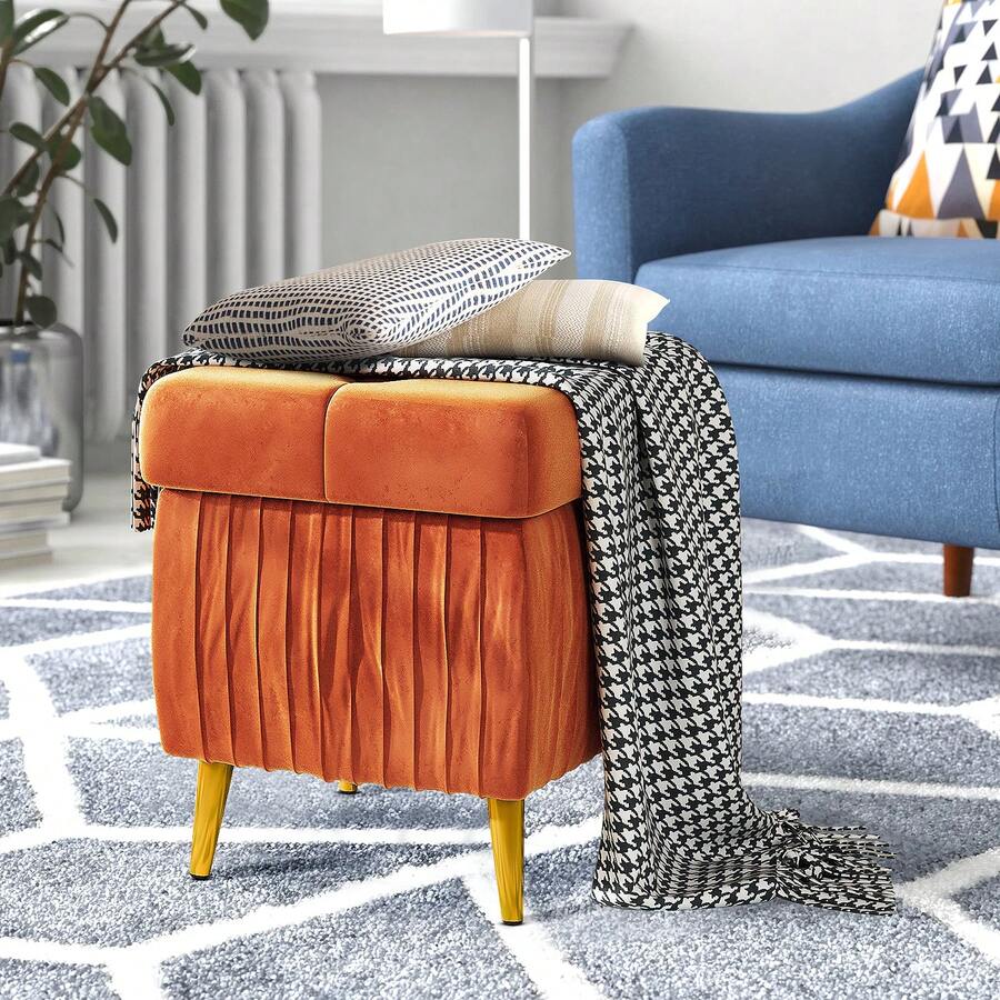 MidCentury Modern Style Flip Top Storage Bench Ottoman With Velvet Upholstery And Golden Metal