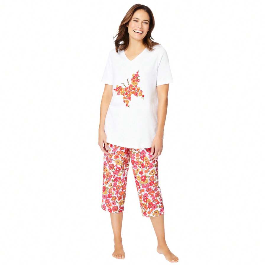 Dreams & Co. Women's Plus Size 2-Piece Capri PJ Set - SUGAR MELON BUTTERFLY - View 1
