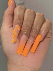 24 piezas Uñas postizas de estilo de pétalos de flores en degradado de naranja con forma de ataúd 3D, uñas postizas adecuadas para mujeres y niñas para suministros diarios de uñas uñas falsas uña falsa uña acrílica