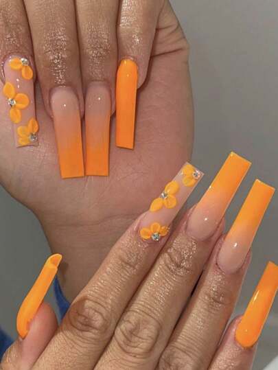 24 piezas Uñas postizas de estilo de pétalos de flores en degradado de naranja con forma de ataúd 3D, uñas postizas adecuadas para mujeres y niñas para suministros diarios de uñas uñas falsas uña falsa uña acrílica