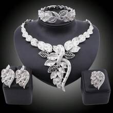 1pc Fashionable Crystal Leaf Gold-Colored Jewelry Set, Including Necklace, Earrings, Bracelet And Ring, Suitable For Women's Wedding Party Outfits, Gift Set