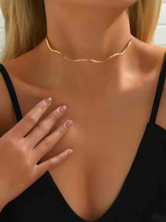 1 件优雅时尚的几何不对称波浪金属线颈链，独特设计复古简约风格项圈