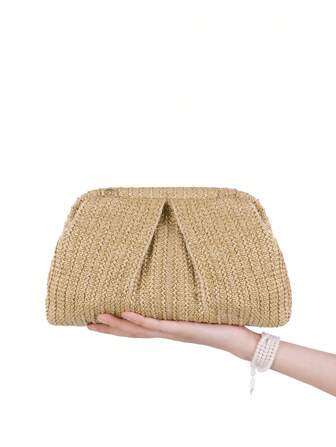 女士時尚編織褶皺手拿包，帶鏈條肩帶，晚宴包