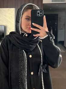 1 chiếc Abaya Phụ kiện phong cách mới cho phụ nữ Khăn trùm đầu hạt khoan ủi sang trọng có kích thước lớn, kiểu dáng, màu đen, không nhăn - màu đen - Xem 4
