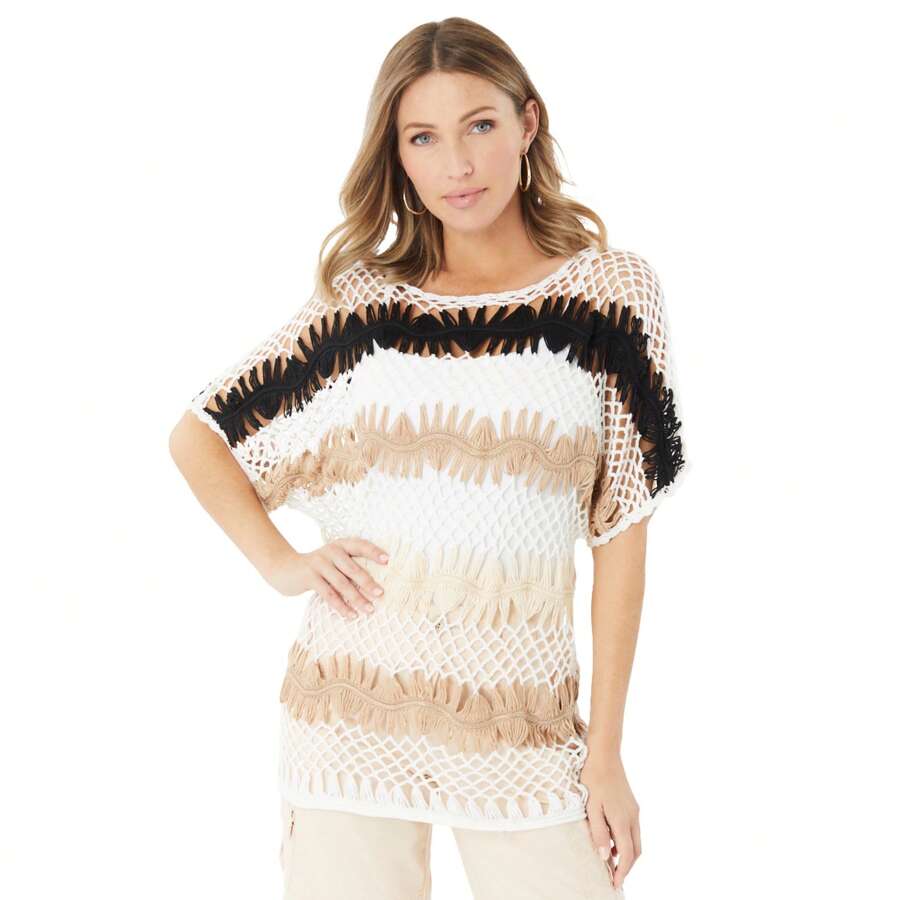 Roaman's Women's Plus Size Multi Crochet Pullover - BLACK aND WHITE COMBO - View 1