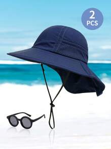 1 Set Baby Sun Hat, Toddler Kids Boys Girls Wide Brim Beach Hat With Sunglasses UPF 50+ Solid Color Neck Strap