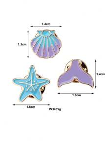 3 piezas Estrella de mar, Concha y Forma de cola de sirena con broche de bonito distintivo de gota de aceite colorido para niñas, adecuado para la decoración de sombrero o ropa de vacaciones