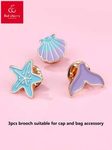 3 piezas Estrella de mar, Concha y Forma de cola de sirena con broche de bonito distintivo de gota de aceite colorido para niñas, adecuado para la decoración de sombrero o ropa de vacaciones