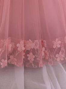 Baby Girl Solid Color Flower Applique Bow Puff Sleeve Cute Princess Dress, Suitable For Party And Holiday, Without Hair Accessories