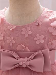 Baby Girl Solid Color Flower Applique Bow Puff Sleeve Cute Princess Dress, Suitable For Party And Holiday, Without Hair Accessories
