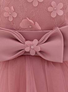 Baby Girl Solid Color Flower Applique Bow Puff Sleeve Cute Princess Dress, Suitable For Party And Holiday, Without Hair Accessories