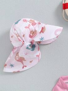 2Pcs Baby Girl Bathing Suit Set Sea Shell Print Long Sleeve Rash Guard Swimsuit Wide Brim Sun Hat Beachwear