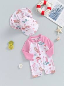 2Pcs Baby Girl Bathing Suit Set Sea Shell Print Long Sleeve Rash Guard Swimsuit Wide Brim Sun Hat Beachwear