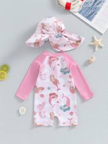 2Pcs Baby Girl Bathing Suit Set Sea Shell Print Long Sleeve Rash Guard Swimsuit Wide Brim Sun Hat Beachwear