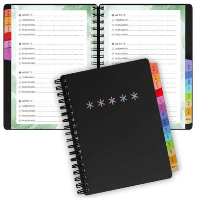 Spiral Password Book With Colorful Alphabetical Tabs -4.5x5.8 Inch Passwords Book For Internet Login, Website, Username, Password. Alphabetized Password Book For Home Or Office Back To School