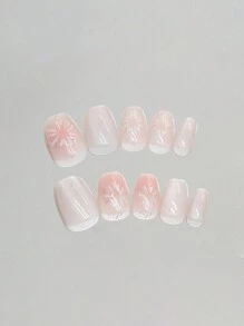 24入組短款法式貓眼煙火漸變假指甲，附指甲文件和果凍膠壓光指甲，美甲用品