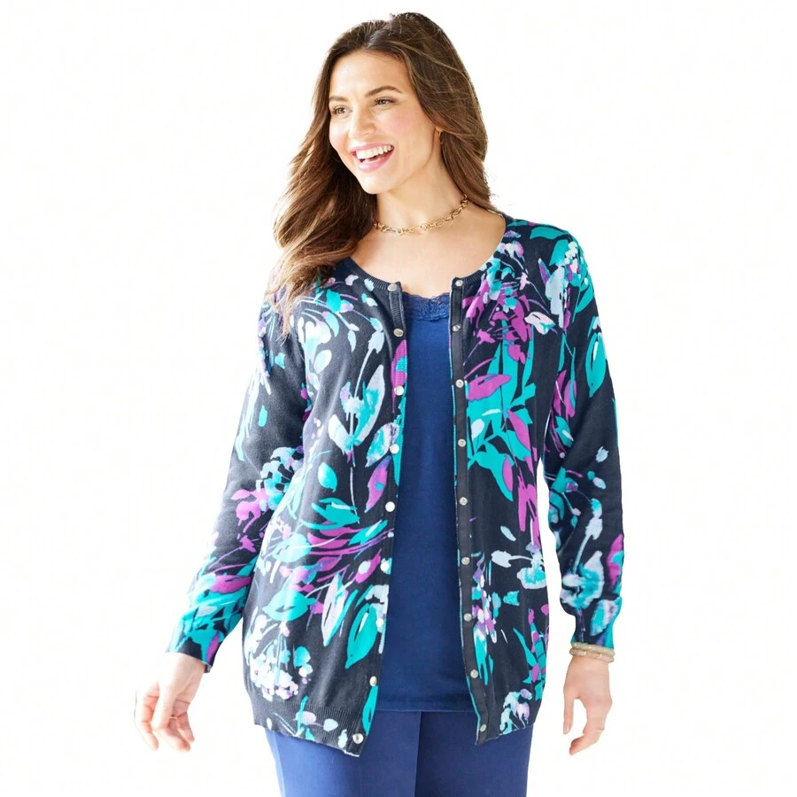 Catherines Women's Plus Size The Timeless Cardigan - NAVY WATERCOLOR FLORAL - View 1