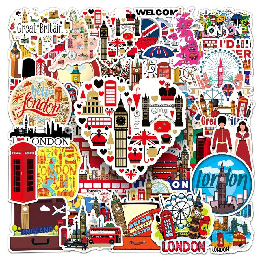 50入組倫敦風格旅行貼紙，適用於日誌裝飾，行李箱，手提箱和手機殼DIY - 彩色 - 查看 1