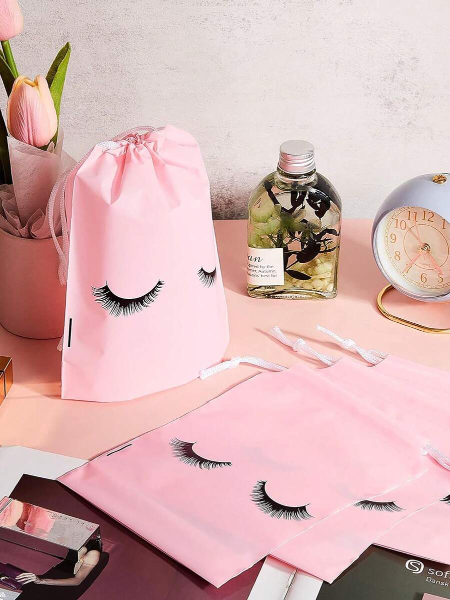 20pcs Reusable Pink Eyelash Pattern Gift Bags With Drawstring Ideal