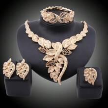 1pc Fashionable Crystal Leaf Gold-Colored Jewelry Set, Including Necklace, Earrings, Bracelet And Ring, Suitable For Women's Wedding Party Outfits, Gift Set