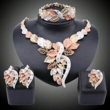 1pc Fashionable Crystal Leaf Gold-Colored Jewelry Set, Including Necklace, Earrings, Bracelet And Ring, Suitable For Women's Wedding Party Outfits, Gift Set