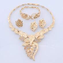 1pc Fashionable Crystal Leaf Gold-Colored Jewelry Set, Including Necklace, Earrings, Bracelet And Ring, Suitable For Women's Wedding Party Outfits, Gift Set