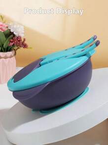 1套防落橡膠碗、吸盤碗、食品隔層、輔助進食碗、匙叉碗、兒童餐具套裝、寶寶訓練碗 - 藍色 - 查看 2