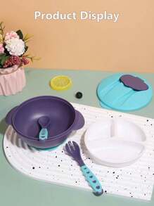 1套防落橡膠碗、吸盤碗、食品隔層、輔助進食碗、匙叉碗、兒童餐具套裝、寶寶訓練碗 - 藍色 - 查看 5