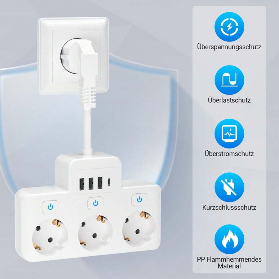 3-Way Power Strip, Multiple Socket With Switch, Wall-Mounted Power Strip With 3 USB A + 1 USB C, Socket Adapter Surge Protection, Distribution Socket For Office Travel White - 白色 - 查看 1