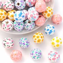 10 pièces/set Perles en bois à fleurs de marguerite de 16 mm, perles florales imprimées de style bohème rustique pour l'été, artisanat DIY, bijoux, guirlandes, création artisanale pour la Saint-Valentin